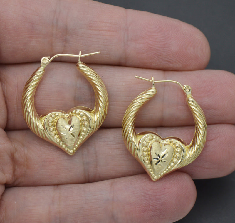 Real 10K Solid Yellow Gold Shiny 30mm Bamboo Graduated Heart Hoop Earrings 2.7gr