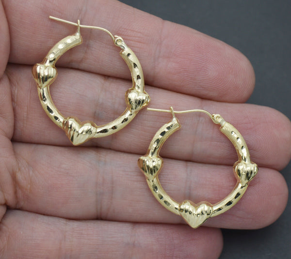 Real 10K Solid Yellow Gold 29mm Triple Heart Bamboo Graduated Hoop Earrings 2 gr