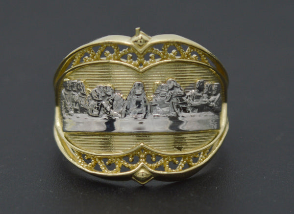 Real 10K Yellow White Two-tone Gold Shiny Last Supper Charm Ring 2.9gr All Sizes