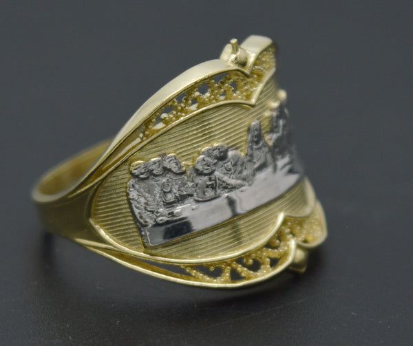 Real 10K Yellow White Two-tone Gold Shiny Last Supper Charm Ring 2.9gr All Sizes