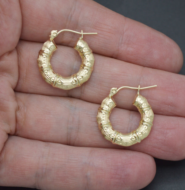 Real 10K Solid Yellow Gold Shiny 20mm Round Bamboo Hollow Hoop Earrings 1.9gr