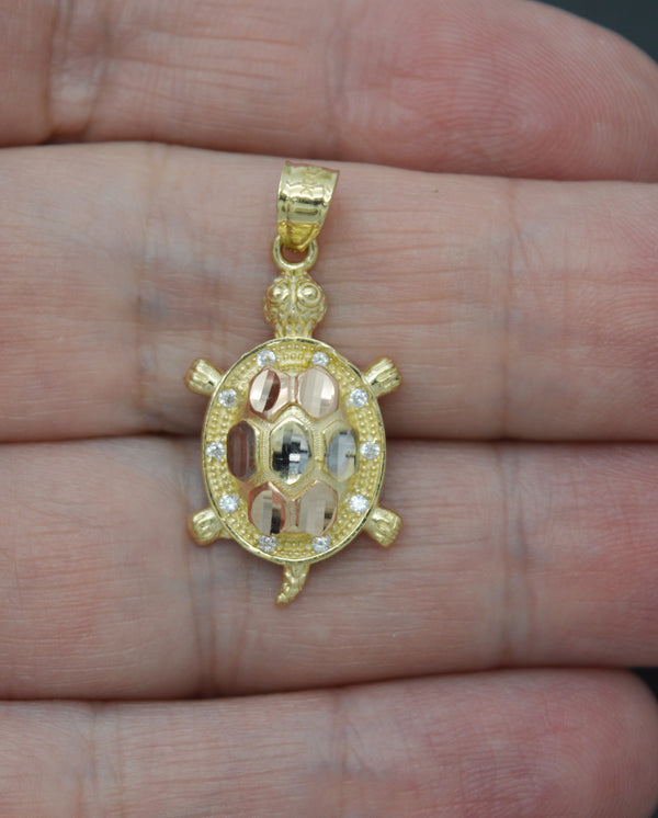 Real 10K Solid Tri-color Gold Shiny Turtle CZ Stones Charm Pendant 2.9 grams