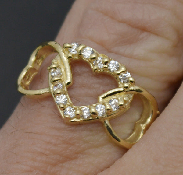 Real 10K Yellow Gold Shiny CZ Textured Triple Heart Charm Ring 1.7gr All Sizes