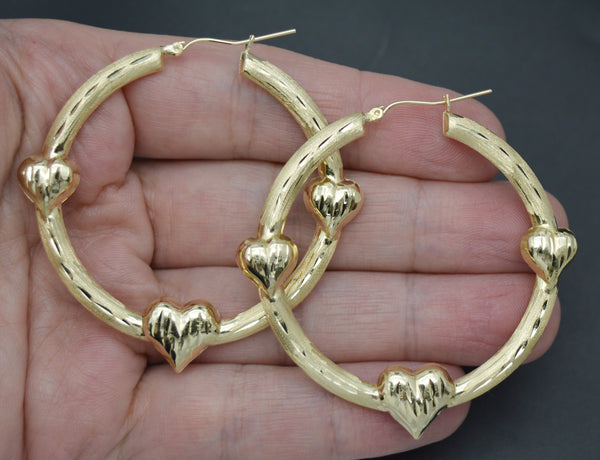 Real 10K Solid Yellow Gold 55mm Bamboo Graduated Triple Heart Hoop Earrings 6.1gr