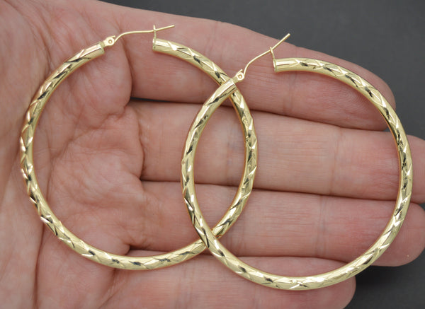 Real 10k Yellow Solid Gold Diamond Cut Shiny Big Large Hoop Earrings 3.6 grams