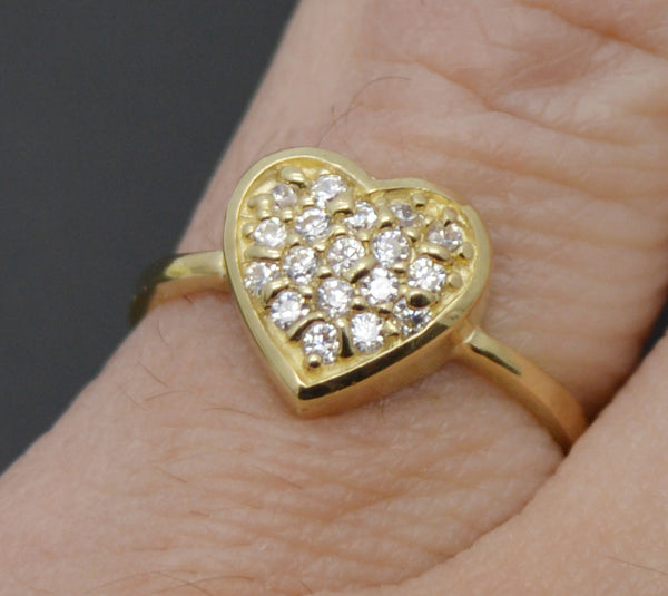 Real 10K Solid Yellow Gold Shiny Heart Charm CZ Textured Ring 2.0gr All Sizes