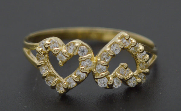 Real 10K Solid Yellow Gold Shiny Double Heart CZ Charm Ring 1.5gr All Sizes