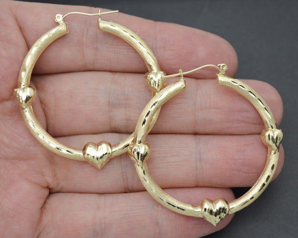 Real 10K Solid Yellow Gold 46mm Triple Heart Bamboo Graduated Hoop Earrings 3.8gr