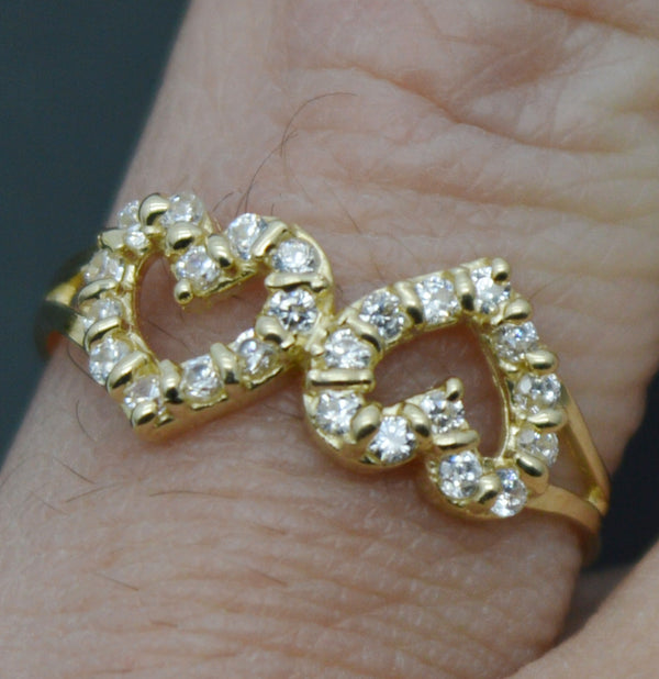 Real 10K Solid Yellow Gold Shiny Double Heart CZ Charm Ring 1.5gr All Sizes