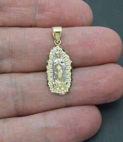 Real 10K Yellow White Gold Medallion Lady Guadalupe Virgin Mary Pendant 1.2grams