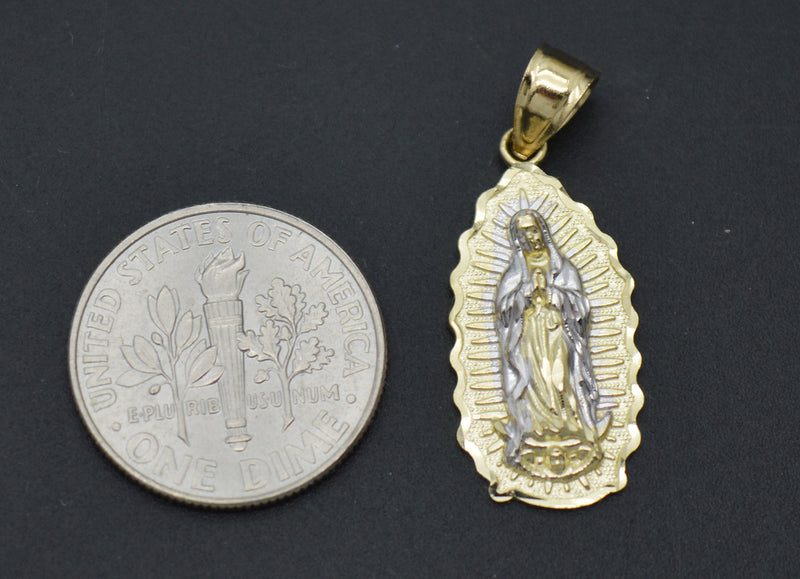 Real 10K Yellow White Gold Medallion Lady Guadalupe Virgin Mary Pendant 1.2grams