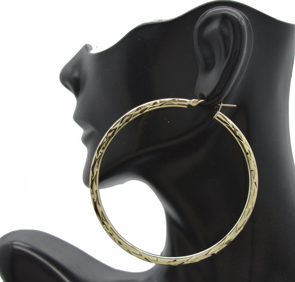 Real 10k Yellow Solid Gold Big Large Shiny Diamond Cut Hoop Earrings 3.9 grams