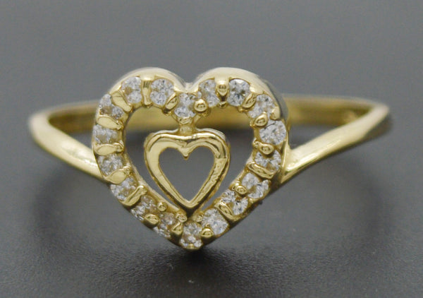 Real 10K Solid Yellow Gold Shiny CZ Inside Double Heart Ring 1.4gr All Sizes