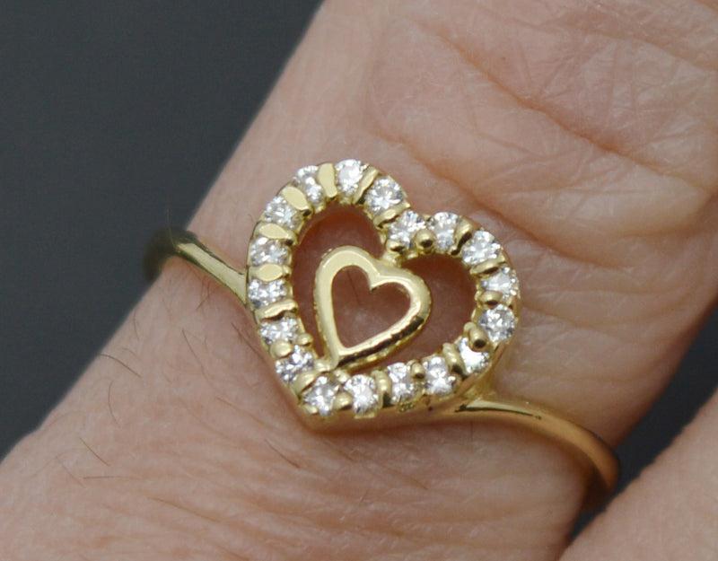 Real 10K Solid Yellow Gold Shiny CZ Inside Double Heart Ring 1.4gr All Sizes