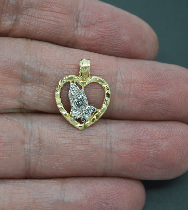 Real 10K Solid Yellow White Gold Praying Hands With Heart Shiny Pendant 1.0grams