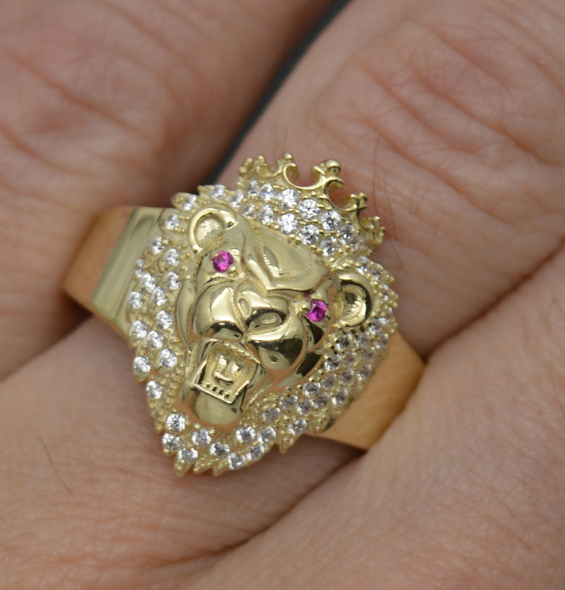 Real 10K Solid Yellow Gold 17mm CZ Red Eye Medium Shiny Lion Head Ring 4.8 gr