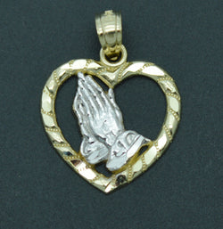 Real 10K Solid Yellow White Gold Praying Hands With Heart Shiny Pendant 1.0grams