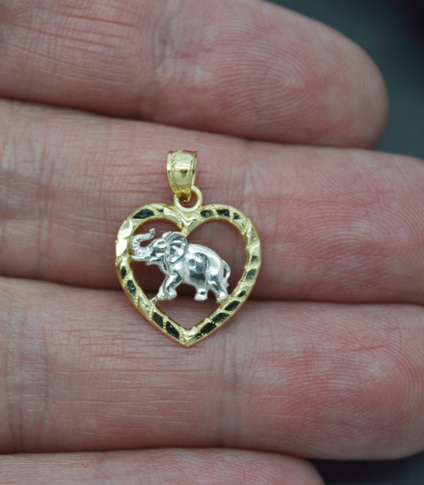 Real 10K Solid Yellow White Gold Shiny Elephant Inside the Heart Pendant 0.9gram