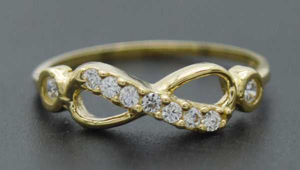 Real 10K Solid Yellow Gold CZ Textured Shiny Infinity Charm Ring 1.2gr All Sizes