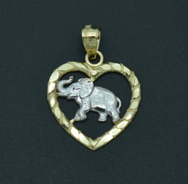 Real 10K Solid Yellow White Gold Shiny Elephant Inside the Heart Pendant 0.9gram