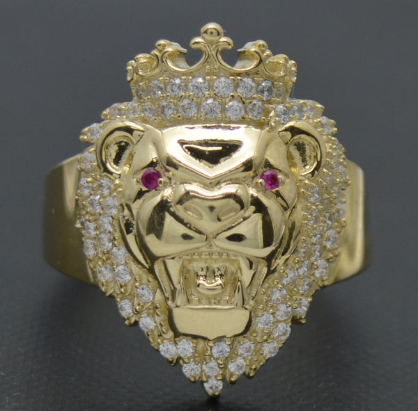 Real 10K Solid Yellow Gold 20mm Red Eye Large Shiny Mens CZ Lion Head Ring 7.3gr