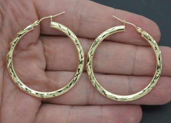 Real 10k Yellow Solid Gold Shiny Polished Diamond Cut Hoop Earrings 2.6 grams