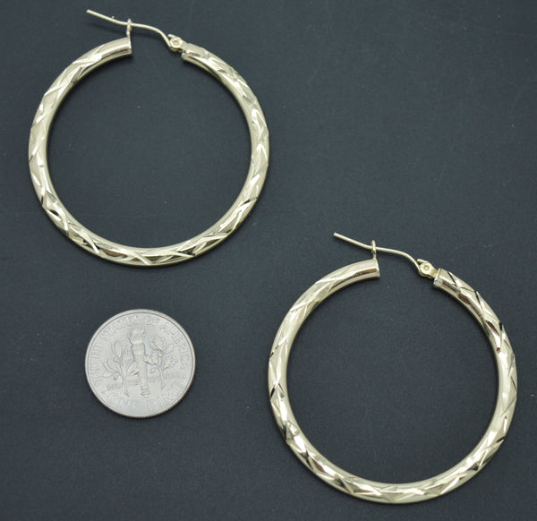 Real 10k Yellow Solid Gold Shiny Polished Diamond Cut Hoop Earrings 2.6 grams