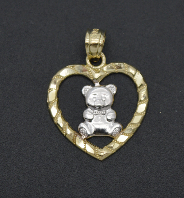 Real 10K Solid Yellow White Gold Bear Inside the Heart Shiny Pendant 0.7 grams