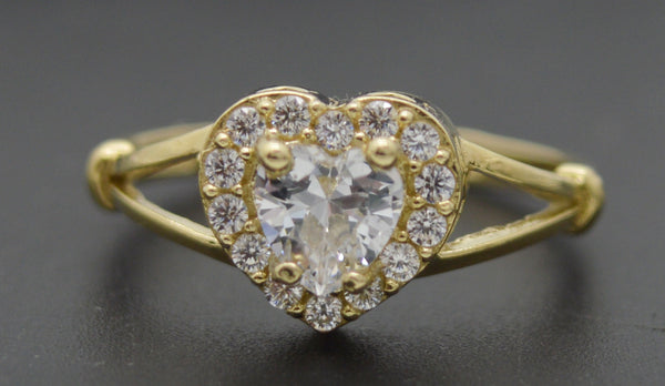 Real 10K Solid Yellow Gold Shiny CZ Texture Heart Charm Ring 2.1gr All Sizes