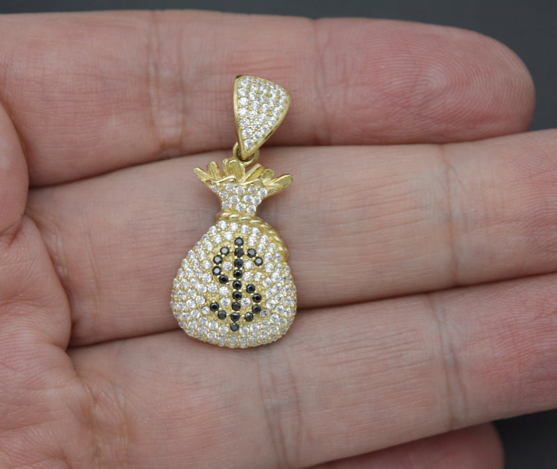 Real 10K Yellow Gold 32.9mm Black White CZ Dollar Sign Money Bag Pendant 3.0 gr