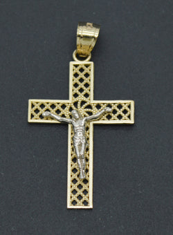 Real Solid 10K Yellow White Gold Shiny Jesus Cross Diamond Cut Pendant 1.3gr