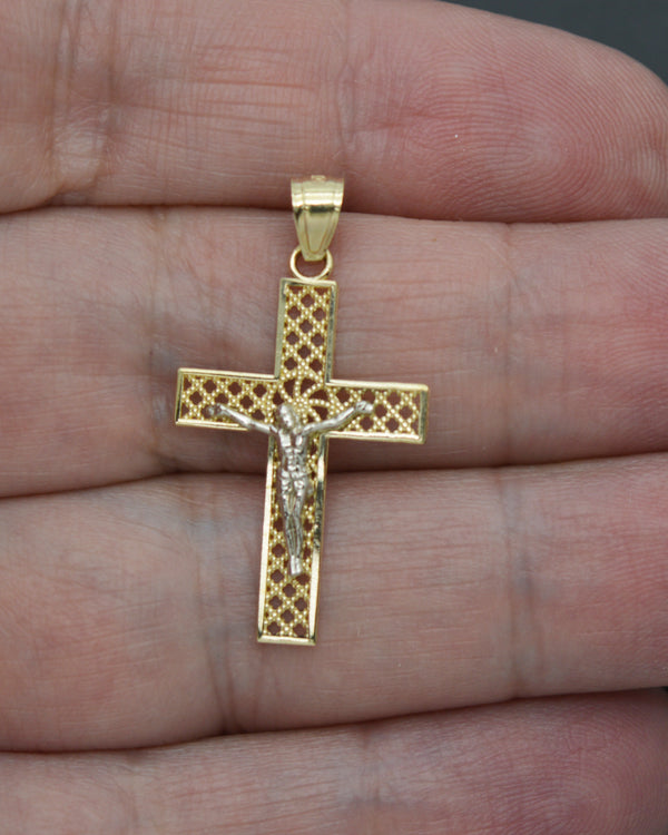 Real Solid 10K Yellow White Gold Shiny Jesus Cross Diamond Cut Pendant 1.3gr