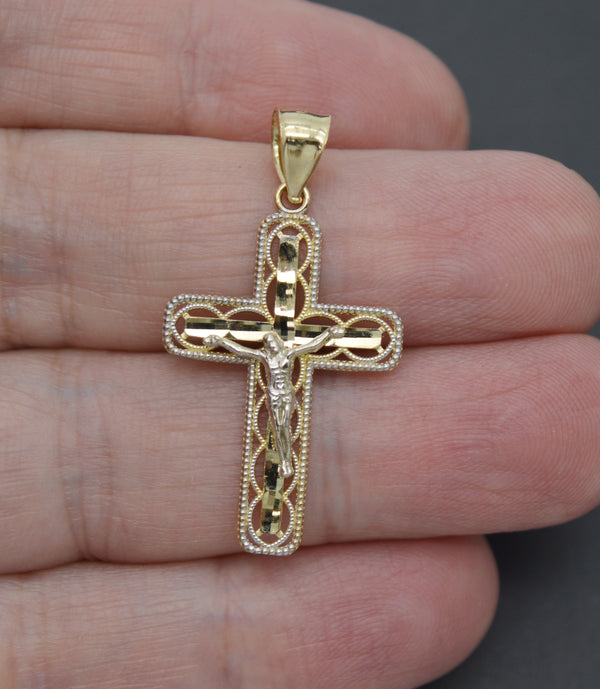 Real Solid 10K Yellow White Gold Jesus Cross Oval Diamond Cut Pendant 2.0gr