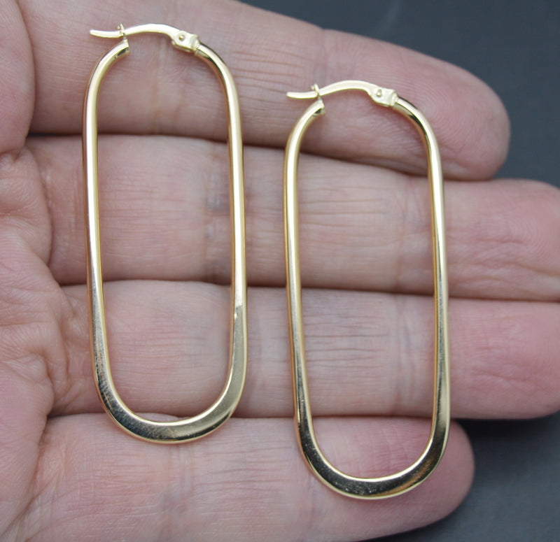 Real 14K Solid Yellow Gold Paperclip Inspired Shiny Long Hoop Earrings 2.8gr