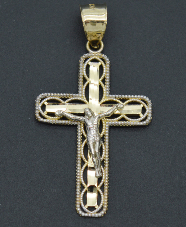 Real Solid 10K Yellow White Gold Jesus Cross Oval Diamond Cut Pendant 2.0gr