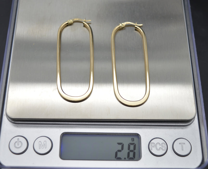 Real 14K Solid Yellow Gold Paperclip Inspired Shiny Long Hoop Earrings 2.8gr