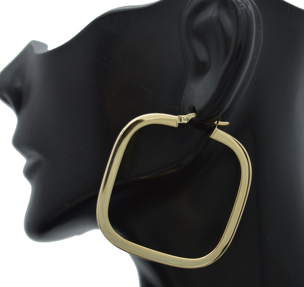 Real 14K Solid Yellow Gold Large Square Shape Shiny Big Hoop Earrings 4.7gr