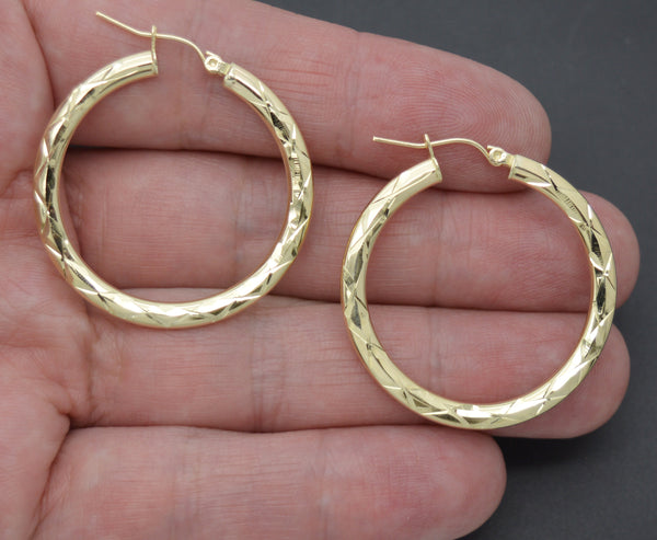 Real 10k Yellow Solid Gold Shiny Big Large Diamond Cut Hoop Earrings 35mm 2.3 gr