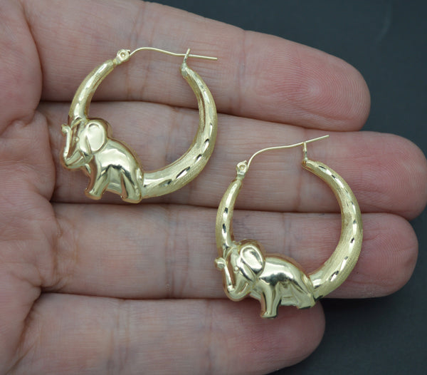 Real 10K Yellow Gold 30mm Lucky Elephant Shape Diamond Cut Hoop Earrings 2.9gr.jpg