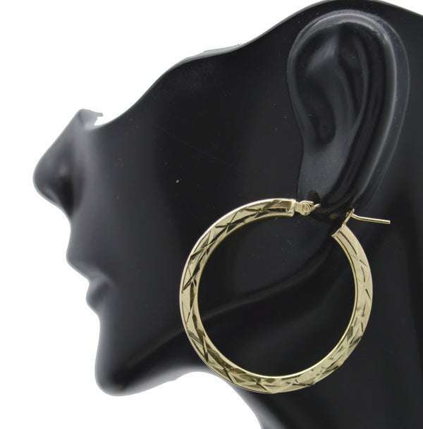 Real 10k Yellow Solid Gold Shiny Big Large Diamond Cut Hoop Earrings 35mm 2.3 gr