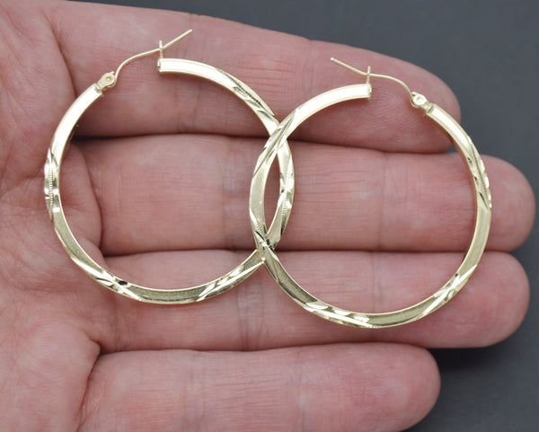 Real 10k Yellow Solid Gold Diamond Cut Shiny Big Large Hoop Earrings 40mm 3.1 gr