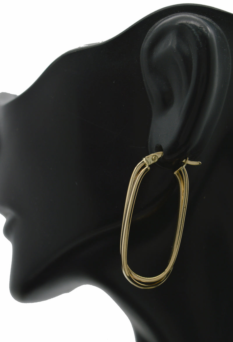 Real 14K Solid Yellow Gold Duel Paperclip Inspired Long Hoop Earrings 2.7gr