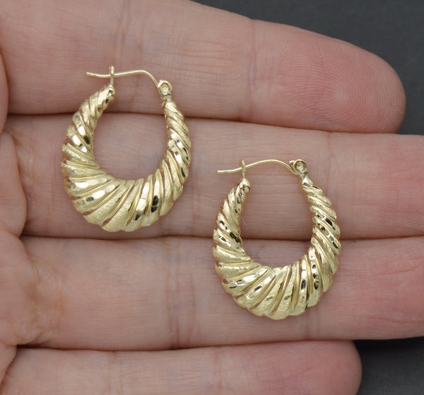 Real 10K Yellow Gold 25mm Hollow Swirl Shrimp Diamond Cut Hoop Earrings 1.8gr,jpg