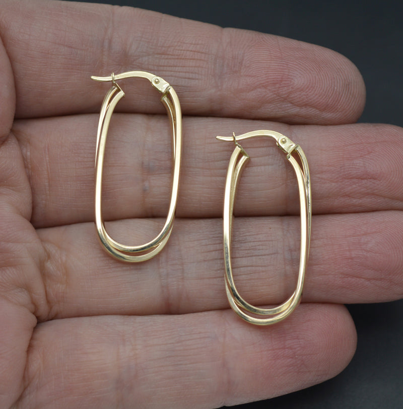 Real 14K Solid Yellow Gold Duel Paperclip Inspired Long Hoop Earrings 2.7gr