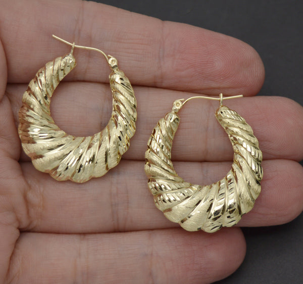 Real 10K Yellow Gold 32.6mm Hollow Swirl Shrimp Diamond Cut Hoop Earrings 3.6gr.jpg