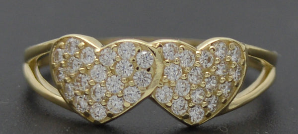 Real 10K Solid Yellow Gold Double Heart Shiny CZ Charm Ring 1.7gr All Sizes