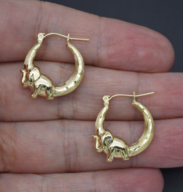 Real 10K Yellow Gold Shiny Lucky Elephant Shape Diamond Cut Hoop Earrings 1.7gr.jpg