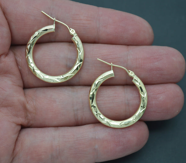 Real 10k Yellow Solid Gold Diamond Cut Shiny Small Hoop Earrings 25mm 1.6 gr