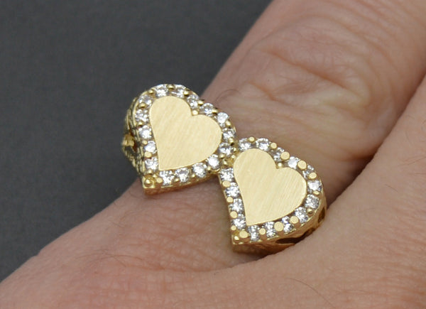 Real 10K Solid Yellow Gold Double Heart Shiny CZ Charm ID Ring + Engraving 3.3gr