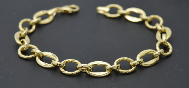 Real 14K Yellow Solid Gold Shiny 7.5" Oval With Rolo Linked Chain Bracelet 4.9gr